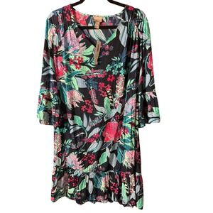 Chicos Brilliant Blooms Flutter Sleeve Knee Dress Midnight Floral Size 3.5